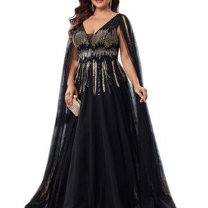 Women's Sparkly Tulle Prom Dresses With Cape V Neck Formal Evening Dresses Sparkly Wedding Party Dress