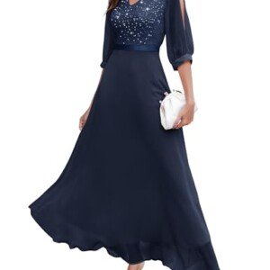 Wedtrend Aftonklänning, elegant för bröllop, V-ringad, chiffong, cocktailklänning för kvinnor, lång examensklänning med delade ärmar, halvlånga ärmar, spetsklänning med paljetter