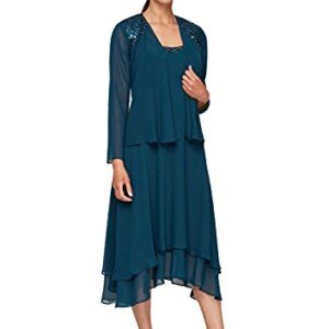 S.L. Fashions Women's Mother of The Bride Dress with Embellished Neckline & Shoulder, Wedding Guest (Petite and Regular Sizes), Mid Teal, 14