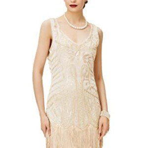 Babeyond Flapperklänning, V-ringad, med pärlor och fransar, 20-talsklänning, Great Gatsby-klänning