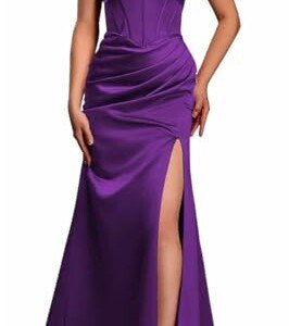 Kvinnors satin formella aftonbalklänningar med slits veck jubileumsklänningar cocktailklänningar plusstorlek, Lila, 40