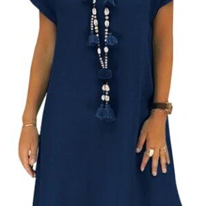 Damklänning sommarklänning linneklänningar vardaglig v-ringad midi-klänning kortärmad A-linje klänning solklänning tunika klänning utan tillbehör