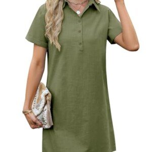 PASUDA Sommarklänningar för kvinnor vardaglig t-shirt klänning kortärmad elegant tunika klänning lös enfärgad bomull kort klänning med fickor