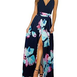 Newshows Damklänning med V-ringning, ärmlös sommarklänning med spagettiremmar, ledig, delad, lång maxiklänning
