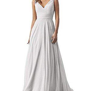 Leader of the Beauty Chiffong, A-linje, dubbel V-hals, brudtärneklänning, lång bröllopsklänning, Vit, 38