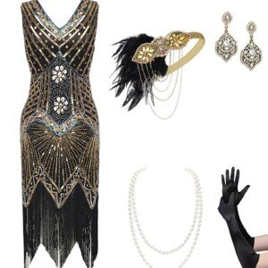 BABEYOND Flapperklänning, V-ringad, med pärlor och fransar, 20-talsklänning, Great Gatsby-klänning