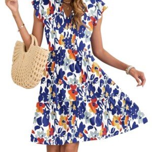 AUSELILY Dam sommarklänning V-ringad volangärm miniklänning elastisk midja fritidskläder med fickor